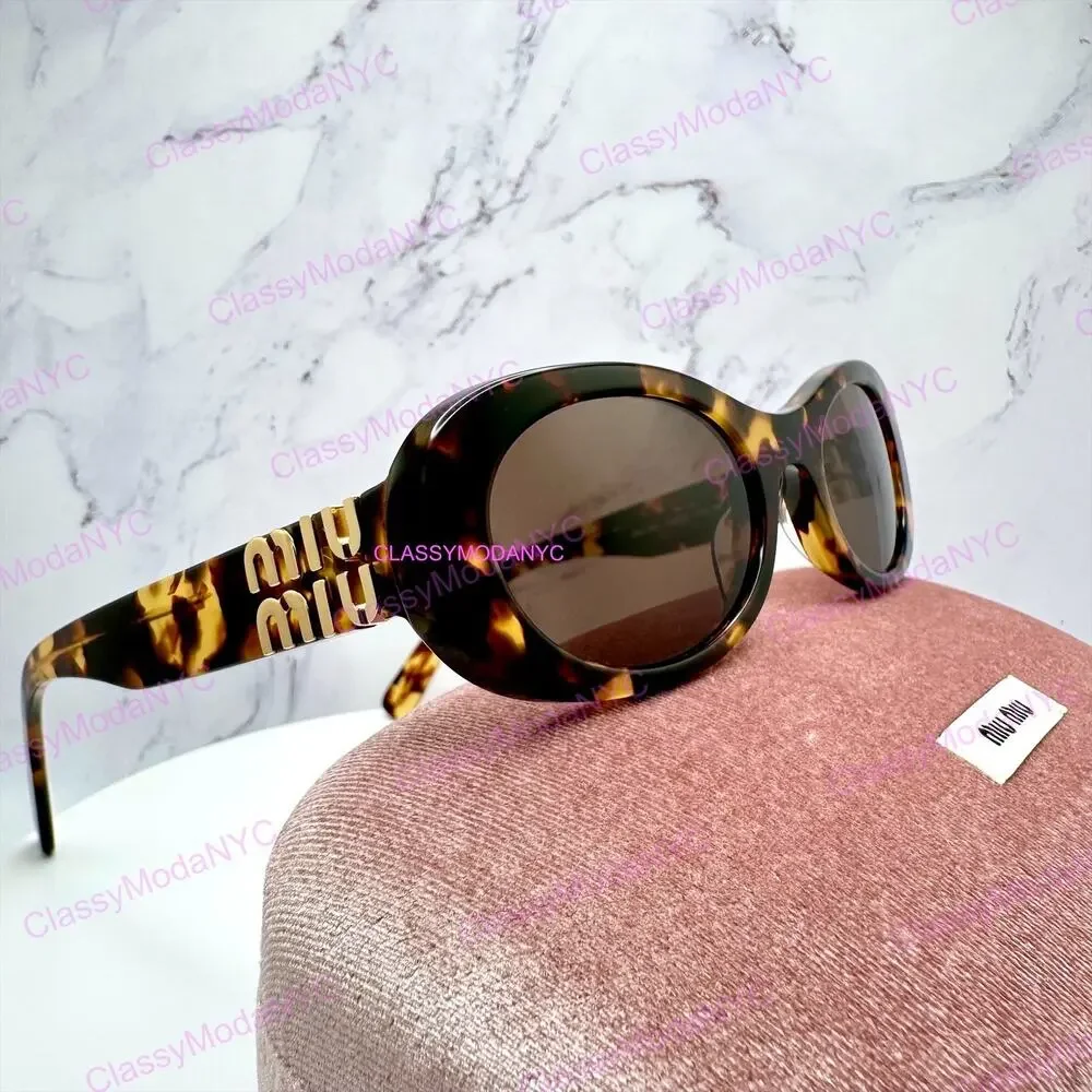 NEW MIU MIU Sunglasses Brown Oval Gold Spelled Out Logo New Authentic Tortoise